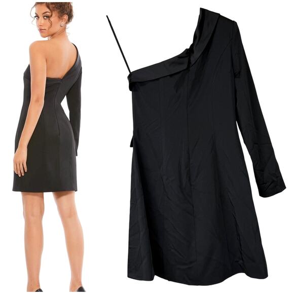 Mac Duggal NWT Black One Sleeve Tuxedo Mini Dress Size 2 Faux Button Satin Trim - Picture 2 of 12